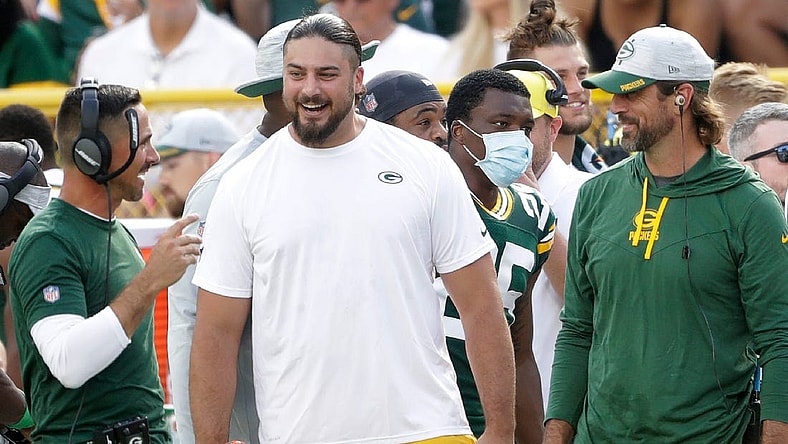 Green Bay Packers quarterback Aaron Rodgers (12), offensive tackle David Bakhtiari (69)  and head coach Matt LeFleur against the New York Jets during their preseason football game on Saturday, August 21, 2021, at Lambeau Field in Green Bay, Wis. Wm. Glasheen USA TODAY NETWORK-Wisconsin

Apc Packers Vs Jets 1027 082121wag