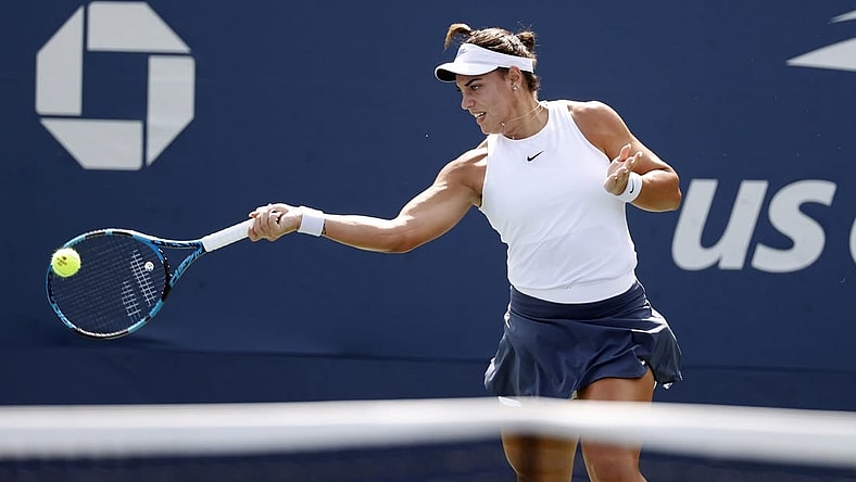 Aug 30, 2021; Flushing, NY, USA; Ana Konjuh of Croatia hits to Leylah Fernandez of Canada in a first round match on day one of the 2021 U.S. Open tennis tournament at USTA Billie King National Tennis Center. Mandatory Credit: Jerry Lai-USA TODAY Sports