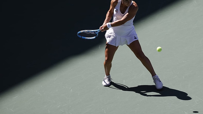 Sep 2, 2021; Flushing, NY, USA; Martina Trevisan of Italy hits a backhand against Belinda Bencic of Switzerland (not pictured) on day four of the 2021 U.S. Open tennis tournament at USTA Billie Jean King National Tennis Center. Mandatory Credit: Geoff Burke-USA TODAY Sports
