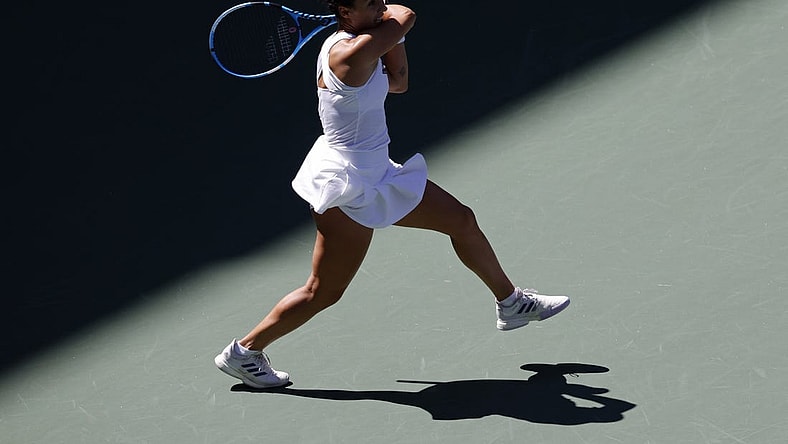Sep 2, 2021; Flushing, NY, USA; Martina Trevisan of Italy hits a forehand against Belinda Bencic of Switzerland (not pictured) on day four of the 2021 U.S. Open tennis tournament at USTA Billie Jean King National Tennis Center. Mandatory Credit: Geoff Burke-USA TODAY Sports
