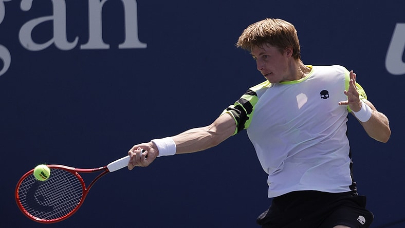 Sep 4, 2021; Flushing, NY, USA; Ilya Ivashka of Belarus hits a forehand against Matteo Berrettini of Italy (not pictured) on day six of the 2021 U.S. Open tennis tournament at USTA Billie Jean King National Tennis Center. Mandatory Credit: Geoff Burke-USA TODAY Sports