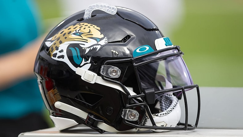 Sep 19, 2021; Jacksonville, Florida, USA; Detailed view of a Jacksonville Jaguars football helmet against the Denver Broncos at TIAA Bank Field. Mandatory Credit: Mark J. Rebilas-USA TODAY Sports