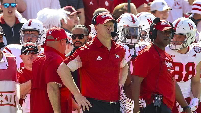 Sep 18, 2021; Norman, Oklahoma, USA;  Nebraska Cornhuskers head coach Scott Frost during the game against the Oklahoma Sooners at Gaylord Family-Oklahoma Memorial Stadium. Mandatory Credit: Kevin Jairaj-USA TODAY Sports