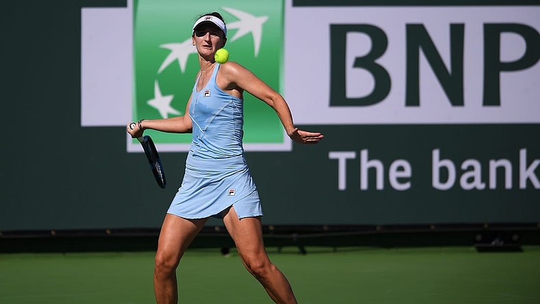 Oct 10, 2021; Indian Wells, CA, USA; Irina-Camelia Begu (ROU) hits a shot against Shelby Rogers (USA) at Indian Wells Tennis Garden. Mandatory Credit: Orlando Ramirez-USA TODAY Sports