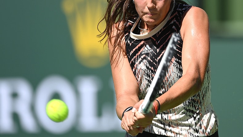 Oct 11, 2021; Indian Wells, CA, USA; Daria Kasatkina (RUS) hits a shot during her third round match against Angelique Kerber (GER) in the BNP Paribas Open  at the Indian Wells Tennis Garden. Mandatory Credit: Jayne Kamin-Oncea-USA TODAY Sports