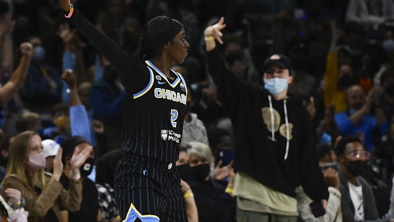 Oct 15, 2021; Chicago, Illinois, USA; Chicago Sky guard/forward Kahleah Copper (2) after scoring a three point basket during the first half of game three of the 2021 WNBA Finals against the Phoenix Mercury at Wintrust Arena. Mandatory Credit: Matt Marton-USA TODAY Sports