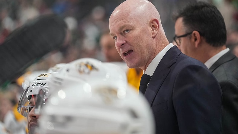 Oct 24, 2021; Saint Paul, Minnesota, USA; Nashville Predators head coach John Hynes looks on during the third period against the Minnesota Wild at Xcel Energy Center. Mandatory Credit: Brace Hemmelgarn-USA TODAY Sports