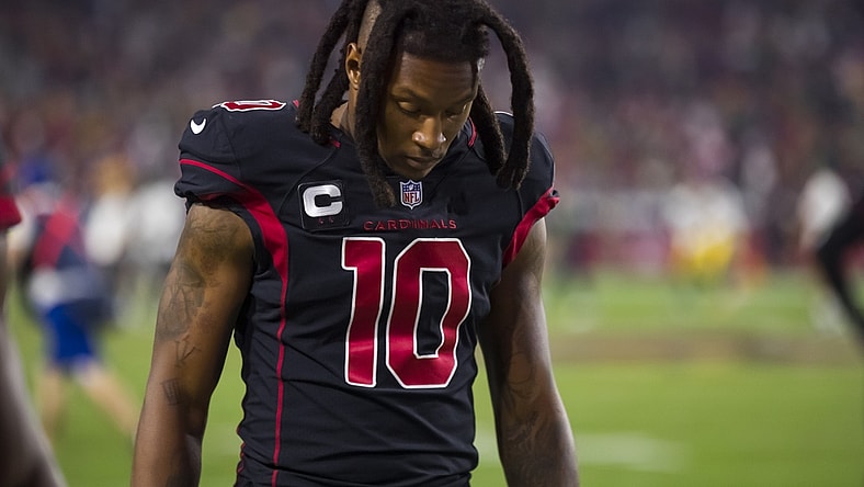 Oct 28, 2021; Glendale, Arizona, USA; Arizona Cardinals wide receiver DeAndre Hopkins (10) reacts against the Green Bay Packers at State Farm Stadium. Mandatory Credit: Mark J. Rebilas-USA TODAY Sports