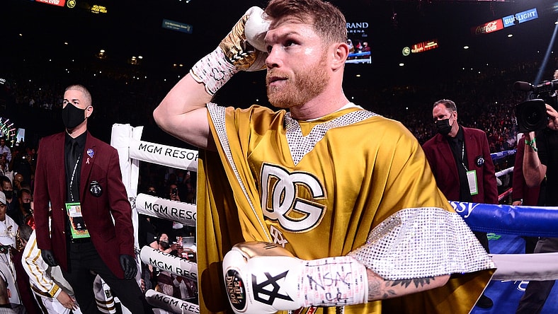 Nov 6, 2021; Las Vegas, Nevada, USA; Canelo Alvarez enters the ring to face Caleb Plant in their undisputed super middleweight world championship boxing match at MGM Grand Garden Arena. Mandatory Credit: Joe Camporeale-USA TODAY Sports