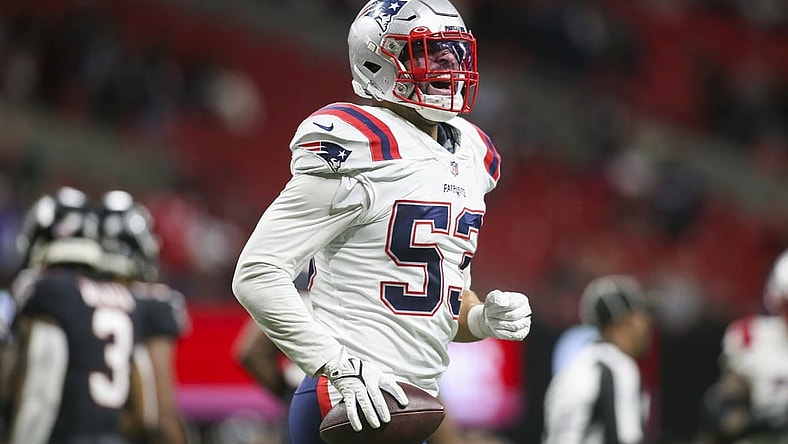 Nov 18, 2021; Atlanta, Georgia, USA; New England Patriots linebacker Kyle Van Noy (53) celebrates after an interception for a touchdown against the Atlanta Falcons in the second half at Mercedes-Benz Stadium. Mandatory Credit: Brett Davis-USA TODAY Sports