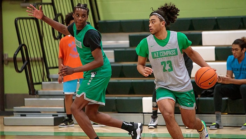 December 6, 2021; Chandler, AZ; AZ Compass Prep varsity basketball player, junior, Kylan Boswell, 23, and junior, Mookie Cook, 1, practice at the AZ Compass Prep gymnasium the week of the Hoophall West tournament

Az Compass Basketball