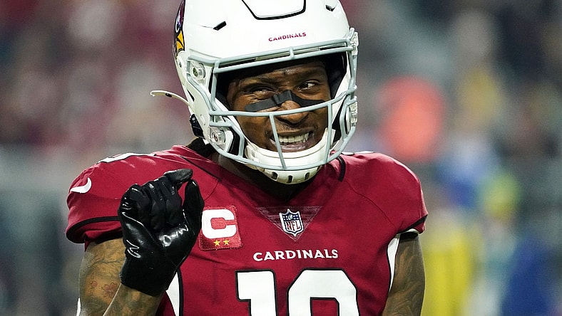 Dec 13, 2021; Glendale, Arizona, USA; Arizona Cardinals wide receiver DeAndre Hopkins (10) reacts to a penalty against the Los Angeles Rams at State Farm Stadium. Mandatory Credit: Rob Schumacher-Arizona Republic

Nfl Los Angeles Rams At Arizona Cardinals