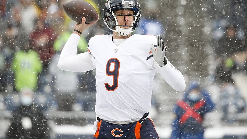 Dec 26, 2021; Seattle, Washington, USA; Chicago Bears quarterback Nick Foles (9) passes against the Seattle Seahawks during the first quarter at Lumen Field. Mandatory Credit: Joe Nicholson-USA TODAY Sports