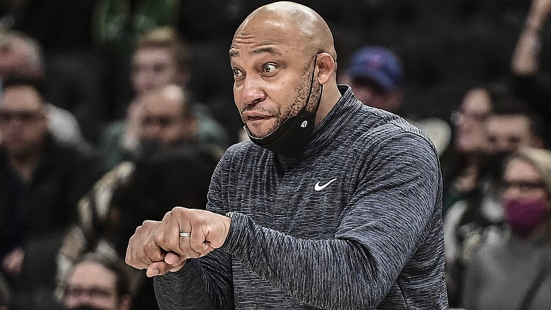 Jan 5, 2022; Milwaukee, Wisconsin, USA;  Milwaukee Bucks' acting head coach Darvin Ham gestures to his team in the fourth quarter during the game against the Toronto Raptors at Fiserv Forum. Mandatory Credit: Benny Sieu-USA TODAY Sports