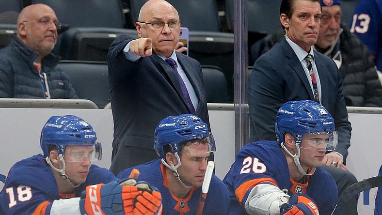 Jan 27, 2022; Elmont, New York, USA; New York Islanders head coach Barry Trotz coaches his team against the Los Angeles Kings during the third period at UBS Arena. Mandatory Credit: Brad Penner-USA TODAY Sports