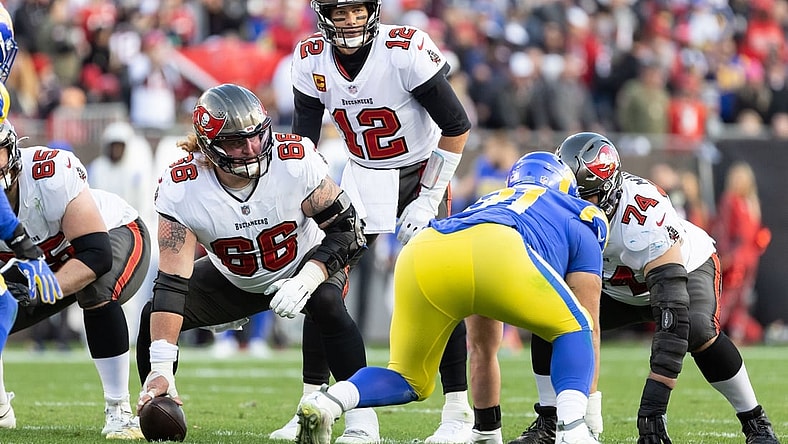 Jan 23, 2022; Tampa, Florida, USA; Tampa Bay Buccaneers quarterback Tom Brady (12) looks at the defense during the first half against the Los Angeles Rams during a NFC Divisional playoff football game at Raymond James Stadium. Mandatory Credit: Matt Pendleton-USA TODAY Sports