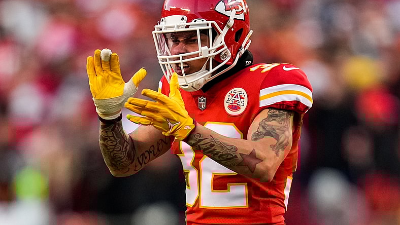 Jan 30, 2022; Kansas City, Missouri, USA; Kansas City Chiefs free safety Tyrann Mathieu (32) celebrates during the second half of the AFC Championship game against the Cincinnati Bengals at GEHA Field at Arrowhead Stadium. Mandatory Credit: Jay Biggerstaff-USA TODAY Sports