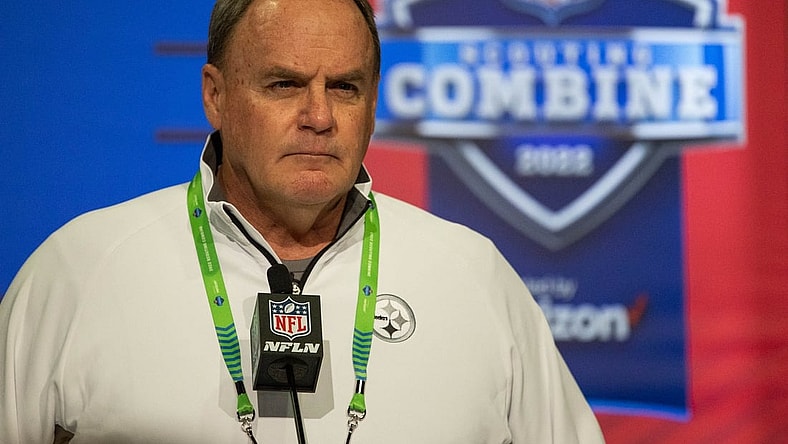 Mar 1, 2022; Indianapolis, IN, USA; Pittsburg Steelers general manager Kevin Colbert talks to the media during the 2022 NFL Combine. Mandatory Credit: Trevor Ruszkowski-USA TODAY Sports