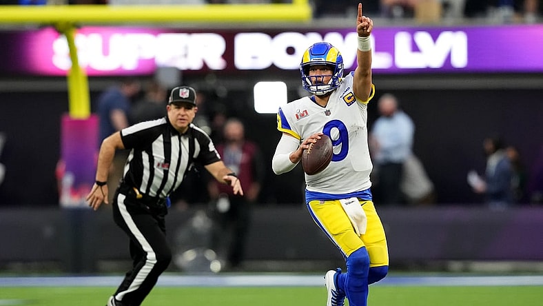 Los Angeles Rams quarterback Matthew Stafford (9) gestures downfield in the second quarter during Super Bowl 56 against the Cincinnati Bengals, Sunday, Feb. 13, 2022, at SoFi Stadium in Inglewood, Calif. The Cincinnati Bengals lost, 23-20.

Nfl Super Bowl 56 Los Angeles Rams Vs Cincinnati Bengals Feb 13 2022 1393