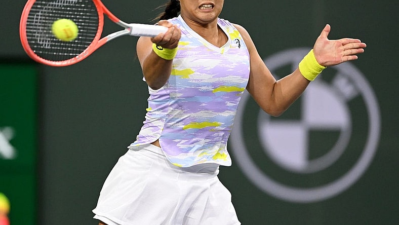 Mar 11, 2022; Indian Wells, CA, USA; Claire Liu (USA) hits a shot against Coco Gauff (not pictured) in her 2nd round match at the BNP Paribas Open at the Indian Wells Tennis Garden. Mandatory Credit: Jayne Kamin-Oncea-USA TODAY Sports