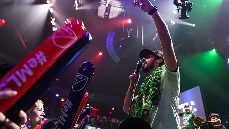 La Murga de Austin lead capo Anthony Cardinal leads the crowd in Austin FC chants during the the eMLS Cup tournament at the Moody Theater on March 13, 2022. The eMLS Cup is the championship tournament that determines which player is the best FIFA esports player in North America.

Aem Sxsw Emls Cup 14