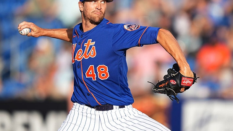 Mar 22, 2022; Port St. Lucie, Florida, USA; New York Mets starting pitcher Jacob deGrom (48) delivers a pitch in the first inning of the spring training game against the Houston Astros at Clover Park. Mandatory Credit: Jasen Vinlove-USA TODAY Sports