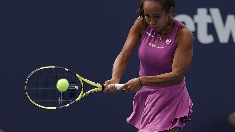 Mar 24, 2022; Miami Gardens, FL, USA; Leylah Fernandez (CAN) hits a backhand against Karolina Muchova (CZE) (not pictured) in a second round women's singles match in the Miami Open at Hard Rock Stadium. Mandatory Credit: Geoff Burke-USA TODAY Sports