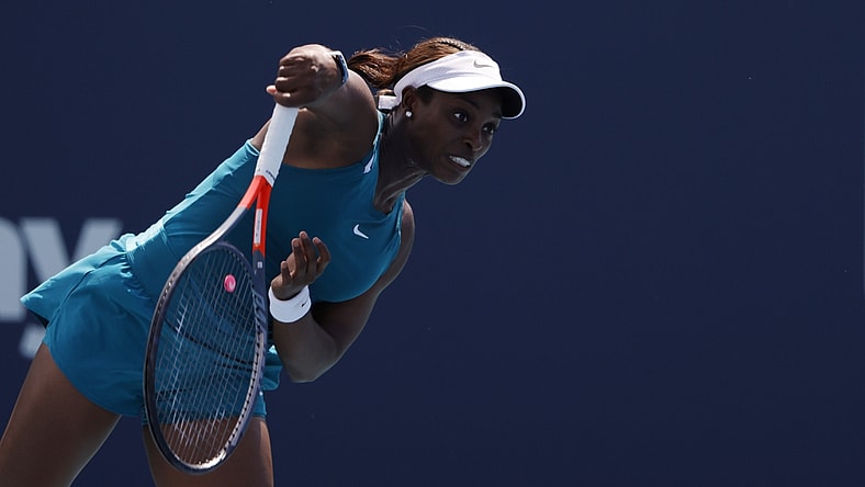 Mar 25, 2022; Miami Gardens, FL, USA; Sloane Stephens (USA) serves against Jessica Pegula (USA) (not pictured) in a second round women's match in the Miami Open at Hard Rock Stadium. Mandatory Credit: Geoff Burke-USA TODAY Sports