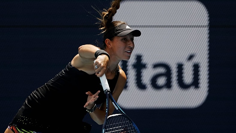 Mar 30, 2022; Miami Gardens, FL, USA; Jessica Pegula (USA) serves against Paula Badosa (ESP)(not pictured) in a women's singles quarterfinal match in the Miami Open at Hard Rock Stadium. Mandatory Credit: Geoff Burke-USA TODAY Sports