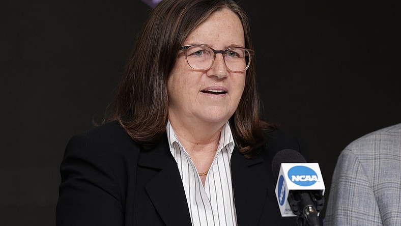 Apr 2, 2022; New Orleans, LA, USA;  Naismith Memorial Basketball Hall of Fame inductee and Indiana Fever head coach Marianne Stanley speaks during a press conference at Caesars Superdome. Mandatory Credit: Stephen Lew-USA TODAY Sports