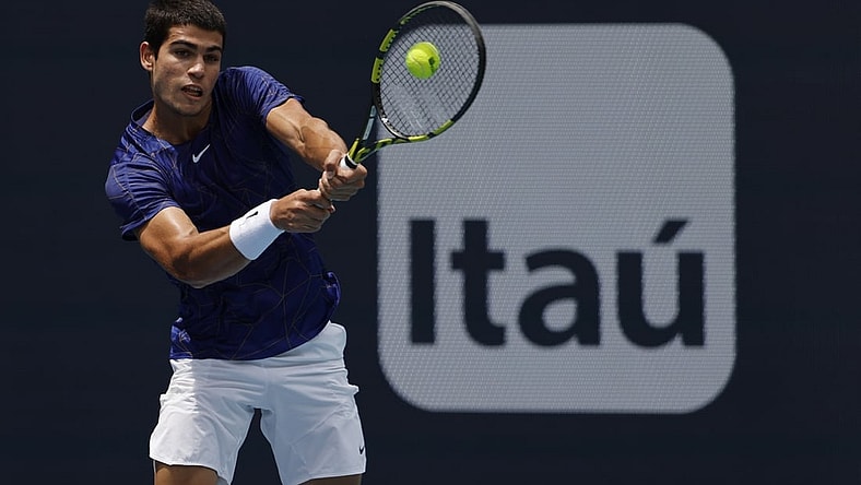 Apr 3, 2022; Miami Gardens, FL, USA; Carlos Alcaraz (ESP) reacts after winning a point against Casper Ruud (NOR)(not pictured) in the men's singles final in the Miami Open at Hard Rock Stadium. Mandatory Credit: Geoff Burke-USA TODAY Sports