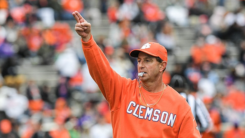Apr 9, 2022; Clemson, South Carolina, USA; Clemson head coach Dabo Swinney during the first quarter of the 2022 Orange vs White Spring Game at Memorial Stadium. Mandatory Credit: Ken Ruinard-USA TODAY Sports
