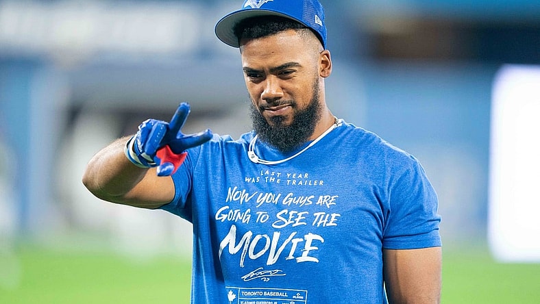 Apr 8, 2022; Toronto, Ontario, CAN; Toronto Blue Jays right fielder Teoscar Hernandez (37) gestures at the camera during batting practice against the Texas Rangers at Rogers Centre . Mandatory Credit: Nick Turchiaro-USA TODAY Sports