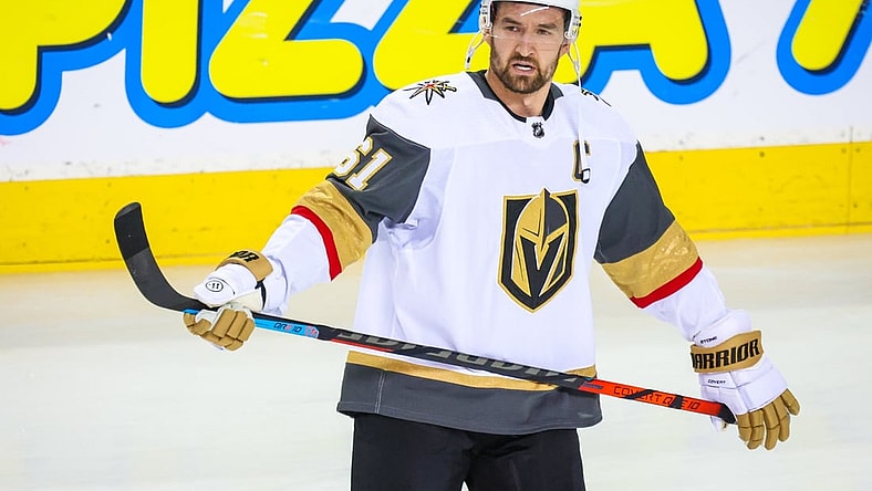 Apr 14, 2022; Calgary, Alberta, CAN; Vegas Golden Knights right wing Mark Stone (61) skates during the warmup period against the Calgary Flames at Scotiabank Saddledome. Mandatory Credit: Sergei Belski-USA TODAY Sports