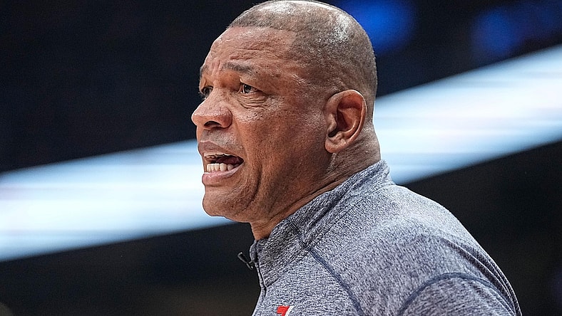 Apr 20, 2022; Toronto, Ontario, CAN; Philadelphia 76ers head coach Doc Rivers during game three of the first round for the 2022 NBA playoffs against the Toronto Raptors at Scotiabank Arena. Mandatory Credit: John E. Sokolowski-USA TODAY Sports