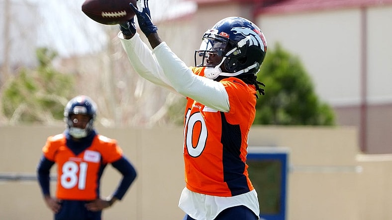 Apr 25, 2022; Englewood, CO, USA; Denver Broncos wide receiver Jerry Jeudy (10) works out during a Denver Broncos mini camp at UCHealth Training Center. Mandatory Credit: Ron Chenoy-USA TODAY Sports