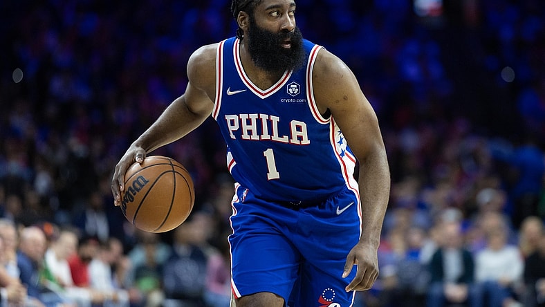 Apr 25, 2022; Philadelphia, Pennsylvania, USA; Philadelphia 76ers guard James Harden (1) dribbles the ball against the Toronto Raptors during the third quarter in game five of the first round for the 2022 NBA playoffs at Wells Fargo Center. Mandatory Credit: Bill Streicher-USA TODAY Sports