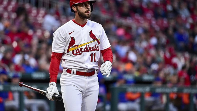 Apr 26, 2022; St. Louis, Missouri, USA;  St. Louis Cardinals shortstop Paul DeJong (11) walks back to the dugout after striking out against the New York Mets during the second inning at Busch Stadium. Mandatory Credit: Jeff Curry-USA TODAY Sports