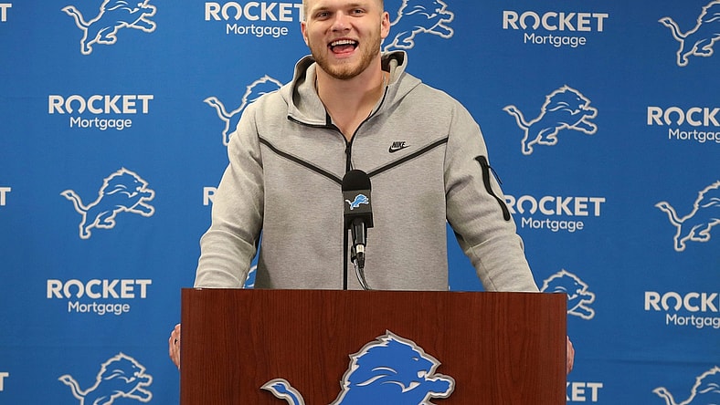 Detroit Lions first-round drat pick Aidan Hutchinson talks with reporters on Friday, April 29, 2022, at the Allen Park practice facility.Lionspicks