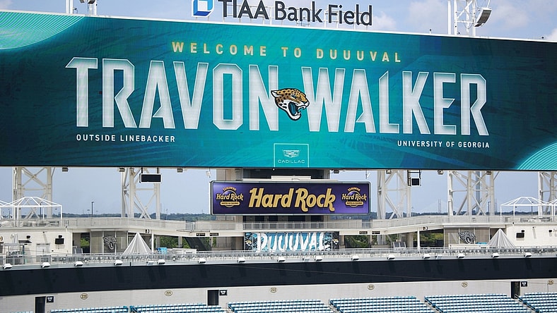 The scoreboard welcomes Jacksonville Jaguars first round draft pick Travon Walker after a press conference Friday, April 29, 2022 at TIAA Bank Field in Jacksonville. Walker, a defensive lineman from the University of Georgia, was the overall No. 1 pick for the Jacksonville Jaguars in the 2022 NFL Draft. [Corey Perrine/Florida Times-Union]

Jki 043022 No 1