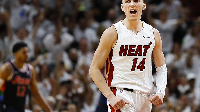 May 2, 2022; Miami, Florida, USA; Miami Heat guard Tyler Herro (14) reacts after scoring in the third quarter against the Philadelphia 76ers during game one of the second round for the 2022 NBA playoffs at FTX Arena. Mandatory Credit: Sam Navarro-USA TODAY Sports