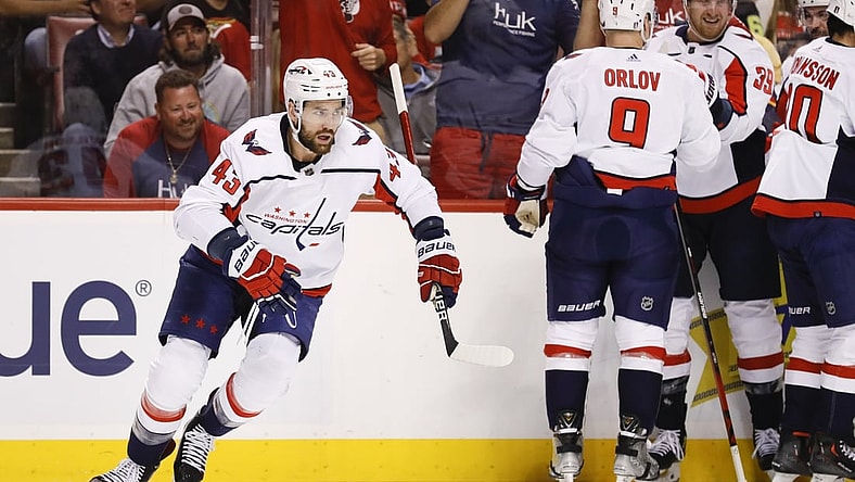 May 3, 2022; Sunrise, Florida, USA; Washington Capitals right wing Tom Wilson (43) celebrates after scoring during the first period against the Florida Panthers in game one of the first round of the 2022 Stanley Cup Playoffs at FLA Live Arena. Mandatory Credit: Sam Navarro-USA TODAY Sports