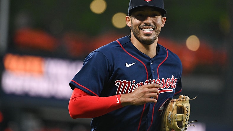 May 3, 2022; Baltimore, Maryland, USA;  Minnesota Twins shortstop Carlos Correa (4) runs off the field after the second inning against the Baltimore Orioles at Oriole Park at Camden Yards. Mandatory Credit: Tommy Gilligan-USA TODAY Sports