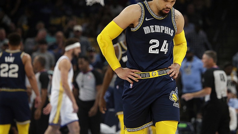 May 3, 2022; Memphis, Tennessee, USA; Memphis Grizzlies guard Dillon Brooks (24) walks off the court after a flagrant two foul was call on him during the first half in game two of the second round for the 2022 NBA playoffs against the Golden State Warriors at FedExForum. Mandatory Credit: Petre Thomas-USA TODAY Sports