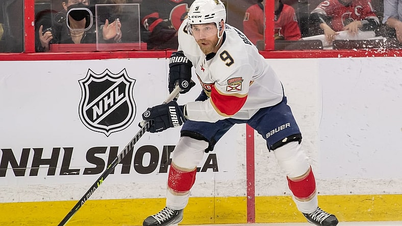 Apr 28, 2022; Ottawa, Ontario, CAN; Florida Panthers center Sam Bennett (9) controls the puck in the first period against the Ottawa Senators at the Canadian Tire Centre. Mandatory Credit: Marc DesRosiers-USA TODAY Sports