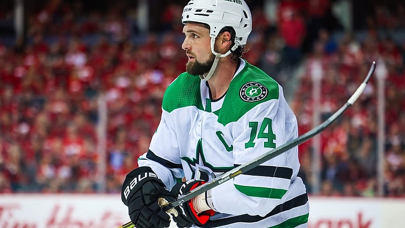 May 3, 2022; Calgary, Alberta, CAN; Dallas Stars left wing Jamie Benn (14) during the third period against the Calgary Flames in game one of the first round of the 2022 Stanley Cup Playoffs at Scotiabank Saddledome. Mandatory Credit: Sergei Belski-USA TODAY Sports