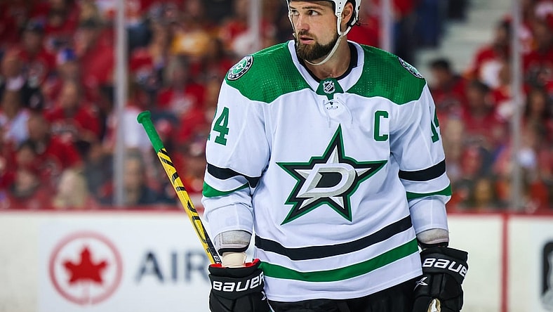 May 3, 2022; Calgary, Alberta, CAN; Dallas Stars left wing Jamie Benn (14) during the third period against the Calgary Flames in game one of the first round of the 2022 Stanley Cup Playoffs at Scotiabank Saddledome. Mandatory Credit: Sergei Belski-USA TODAY Sports