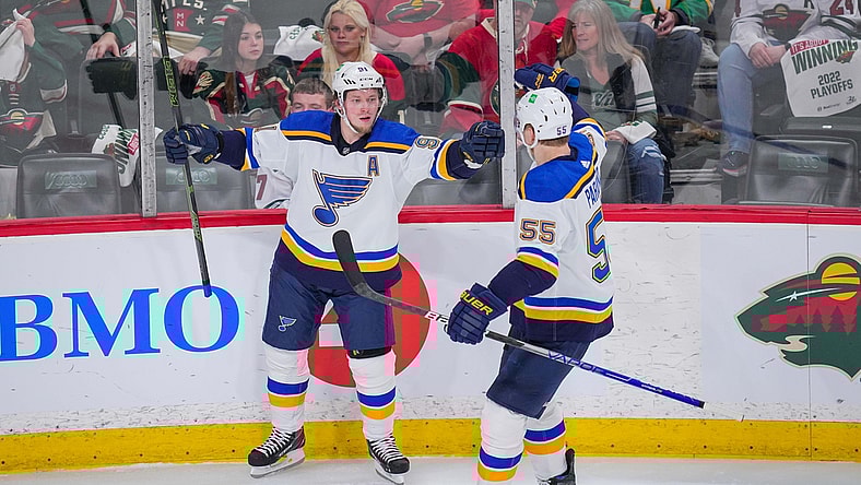 May 4, 2022; Saint Paul, Minnesota, USA; St. Louis Blues right wing Vladimir Tarasenko (91) celebrates his goal against the Minnesota Wild in the third period in game two of the first round of the 2022 Stanley Cup Playoffs at Xcel Energy Center. Mandatory Credit: Brad Rempel-USA TODAY Sports