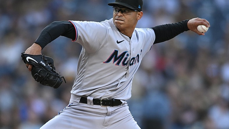 May 5, 2022; San Diego, California, USA; Miami Marlins starting pitcher Jesus Luzardo (44) throws a pitch against the San Diego Padres during the first inning at Petco Park. Mandatory Credit: Orlando Ramirez-USA TODAY Sports