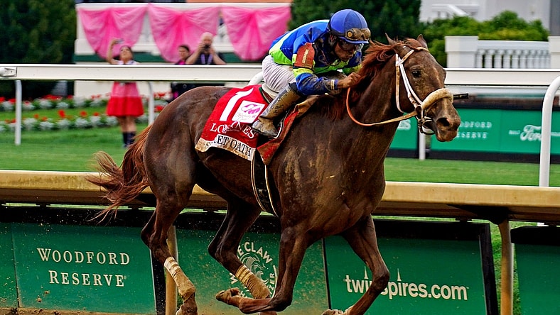 May 6, 2022; Louisville, KY, USA; Luis Saez aboard Secret Oath wins the Kentucky Oaks at Churchill Downs. Mandatory Credit: Peter Casey-USA TODAY Sports